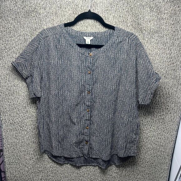 L.L. Bean Womens Large Blouse Top Black White Print Organic Cotton Button Front - Picture 1 of 15